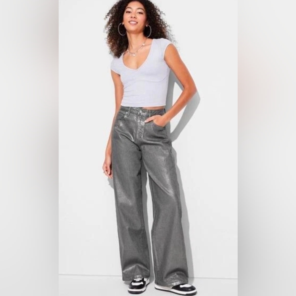 Wild Fable Baggy Jeans High-Rise Wide Legs Metallic Coating Reflective Size 0